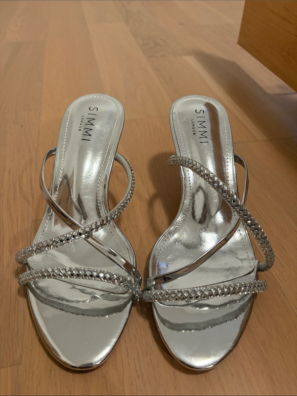 Simmi London silver mirror mid heel mules
